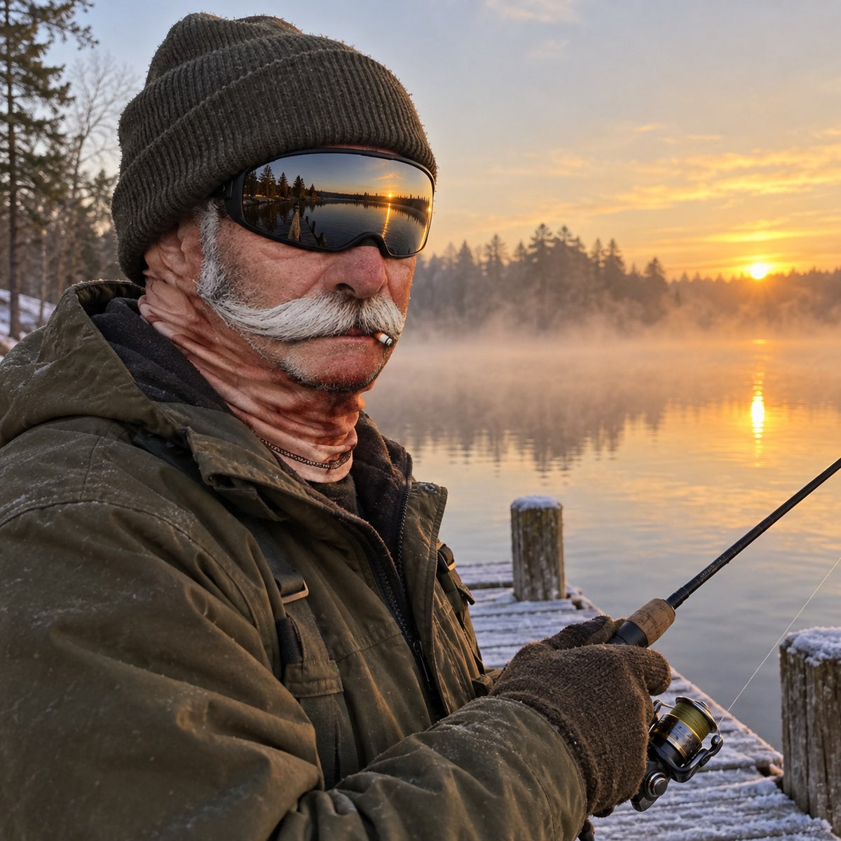 Fishing on a frosty dock at sunrise in the Crusty Old Timer Mask