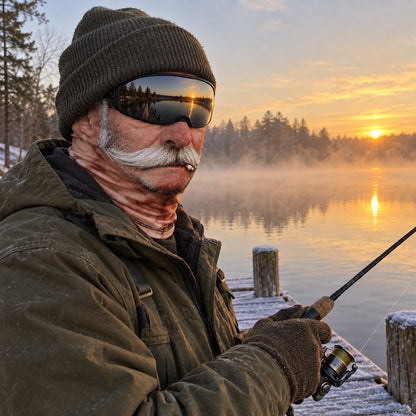 Fishing on a frosty dock at sunrise in the Crusty Old Timer Mask
