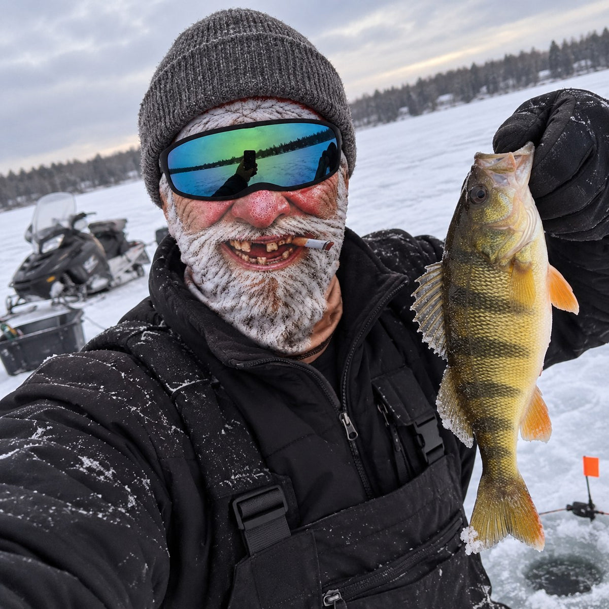 Ice fishing with the Toothless Santa mask