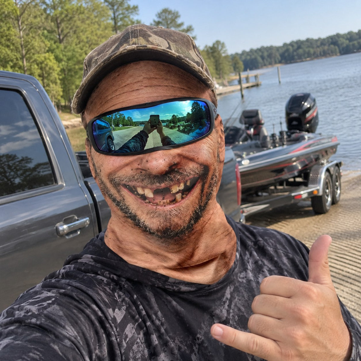 Smiley Sam mask at the boat ramp